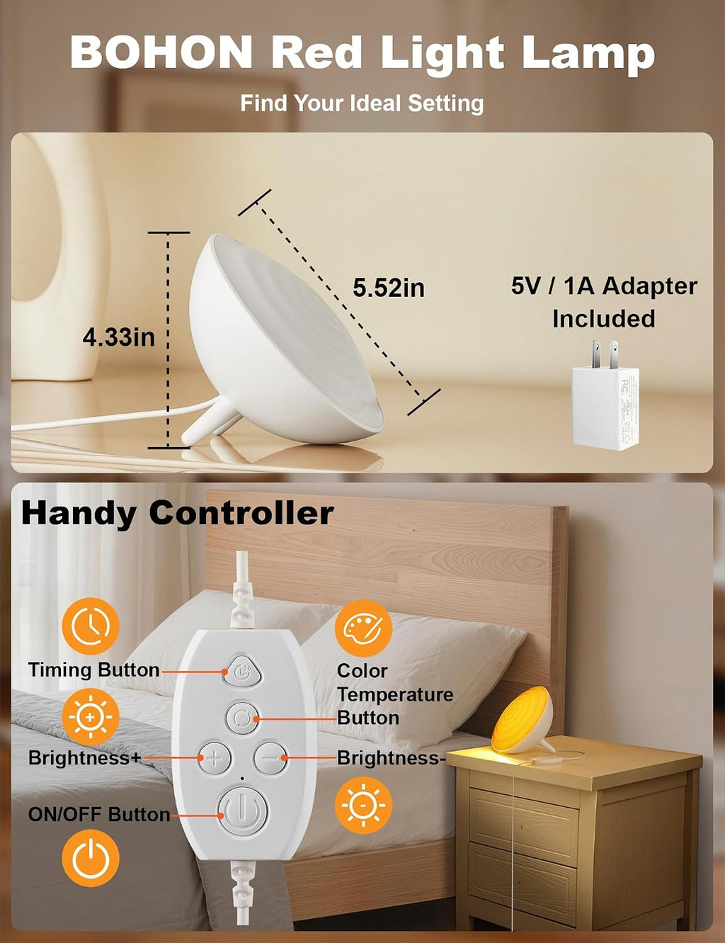 BOHON Red Light Night Light with Timer, 3 Color Modes 10 Brightness Dimmer Red Light Reading Light, 660nm Red Night Lights for Sleep…