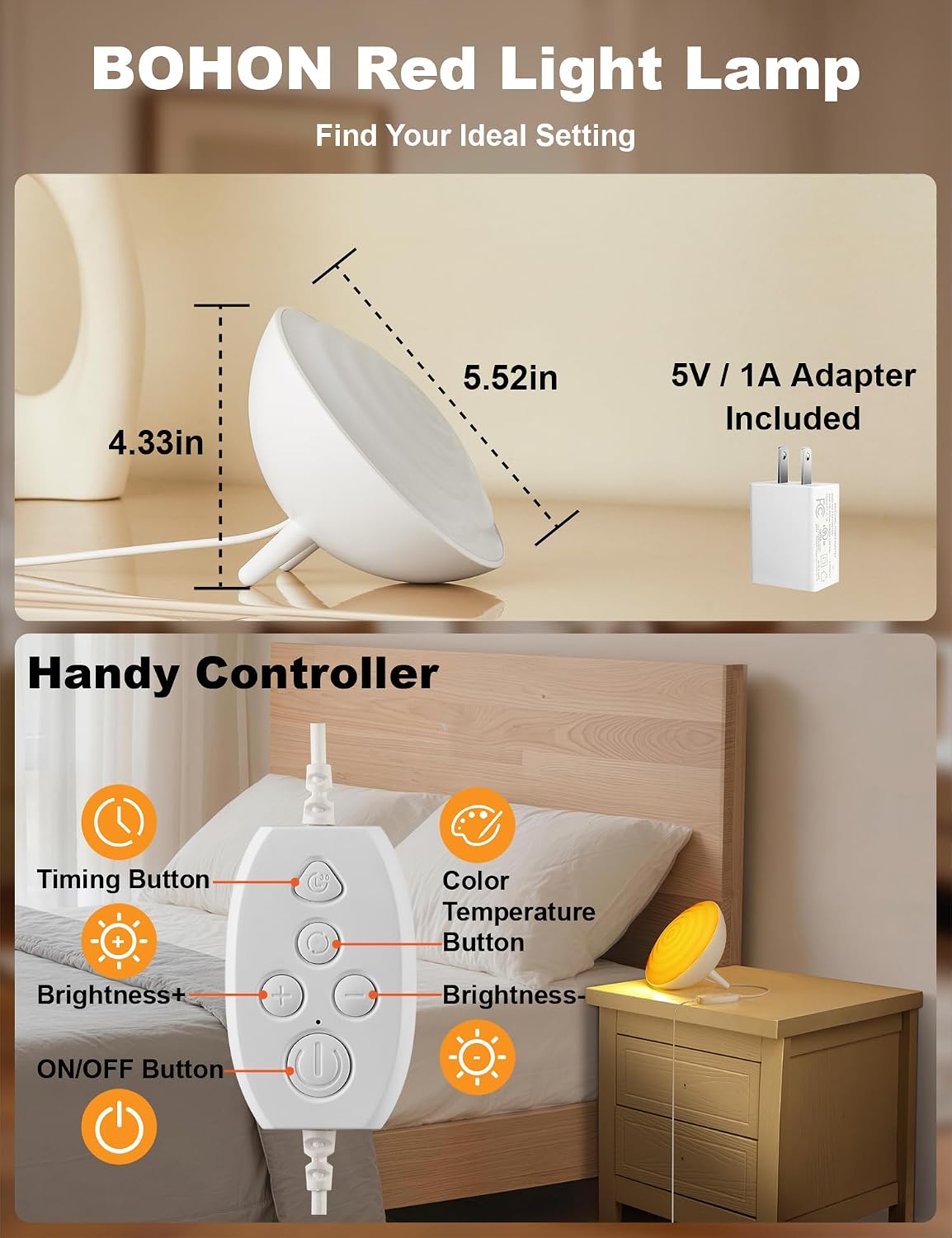 BOHON Red Light Night Light with Timer, 3 Color Modes 10 Brightness Dimmer Red Light Reading Light, 660nm Red Night Lights for Sleep…