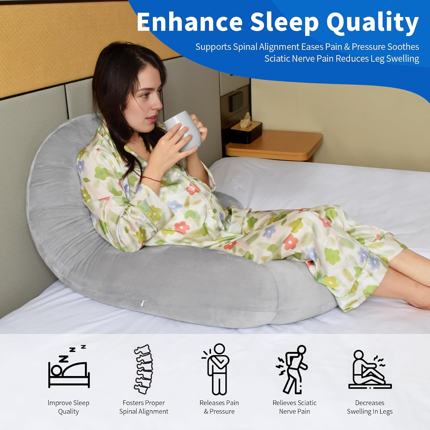 Pozico U-Shaped Full Body Pillow for Side Sleepers – 51-Inch Cooling Pregnancy Pillow with Ear Piercing Design for Neck, Back, and Hip Supp…