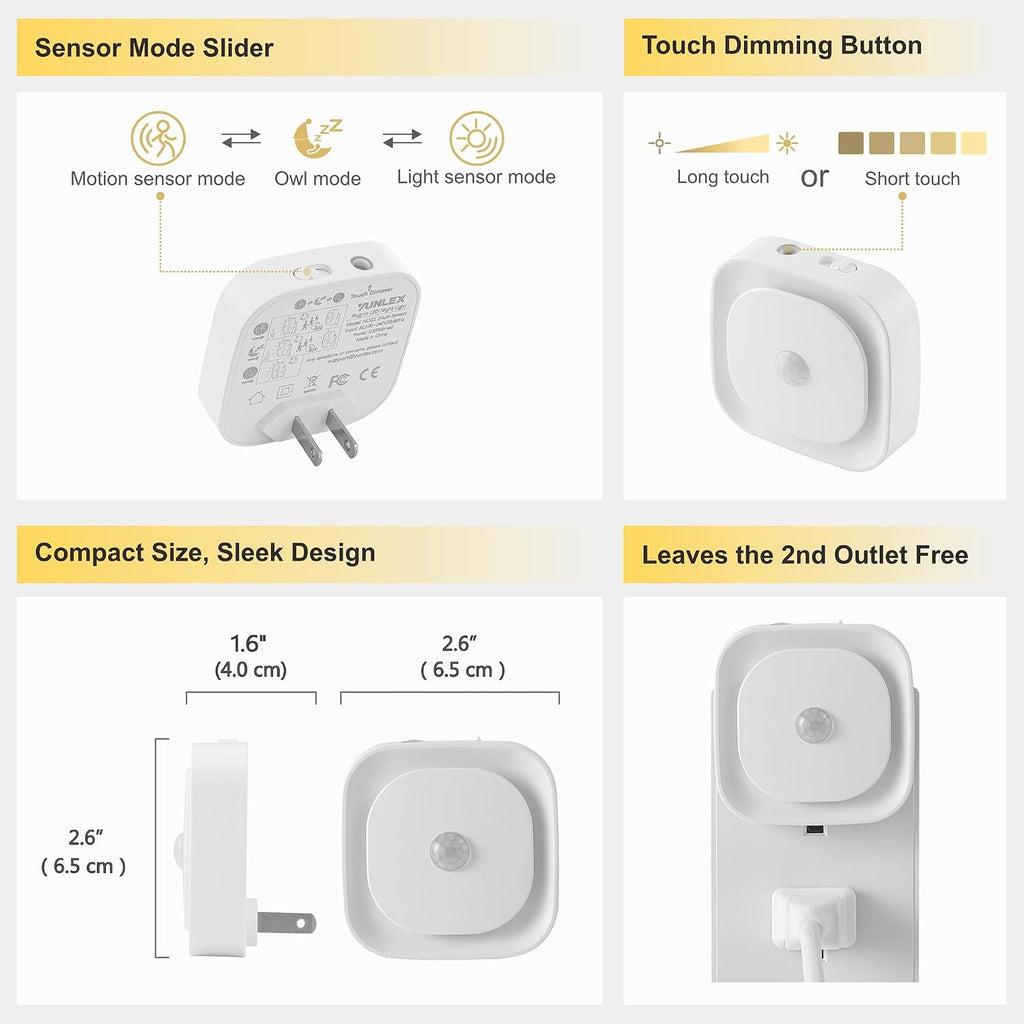 YUNLEX 2 Pack Plug in Night Light with Motion Sensor & Dusk to Dawn Sensor, 3 Sensor Modes, Auto ON/Off, Dimmable, Night Lights Plug into…