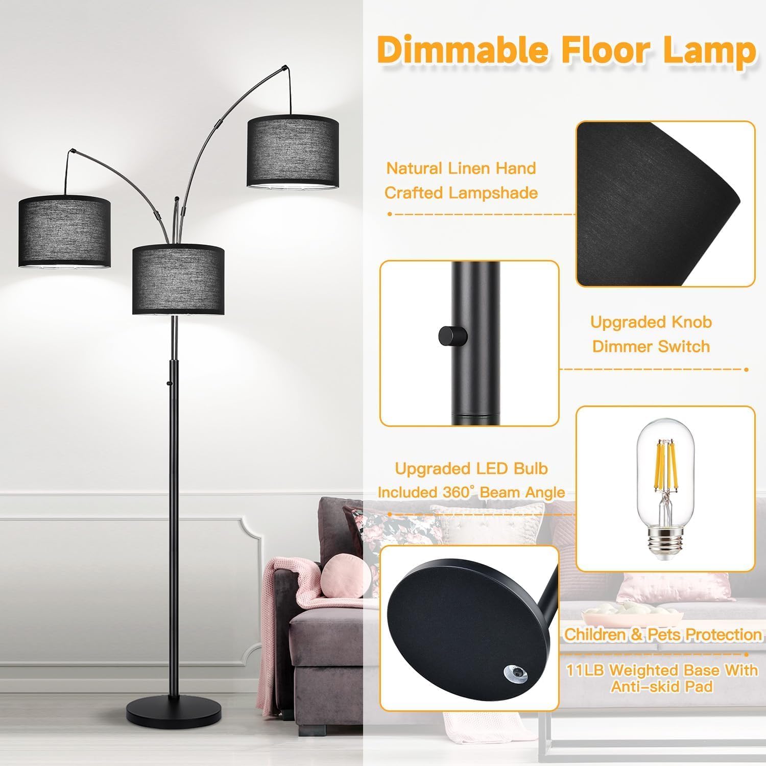 Dimmable Floor Lamp, 3 Light Arc Floor Lamp, Modern Tall Standing Tree Lamp with Black Shades & Heavy Base, 3000LM Cool White LED Bulbs…