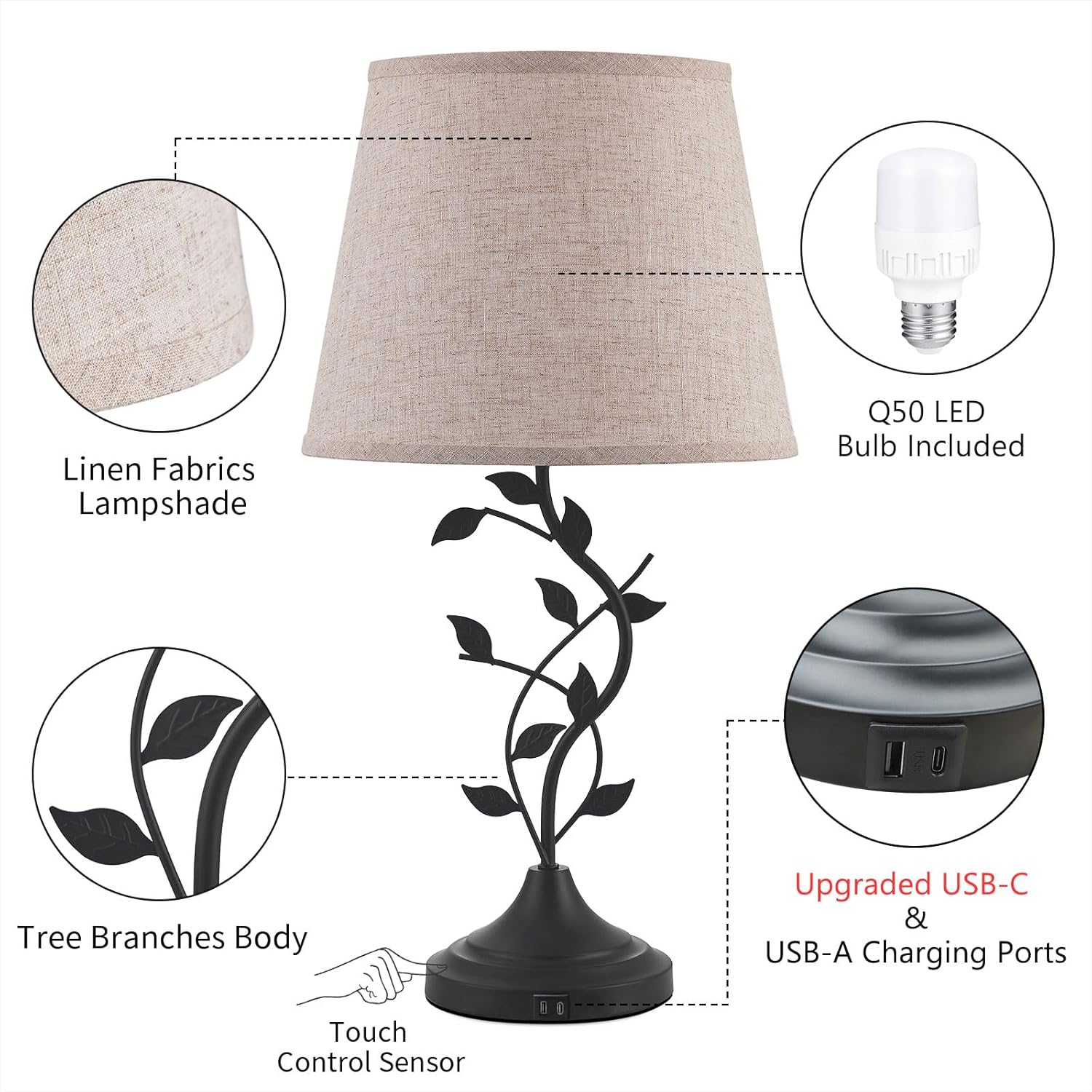 Kakanuo Table Lamp for Bedside, Lamp for Living Room with USB-A and USB-C Charging Ports, Traditional Tall Bedroom Lamp for End Table