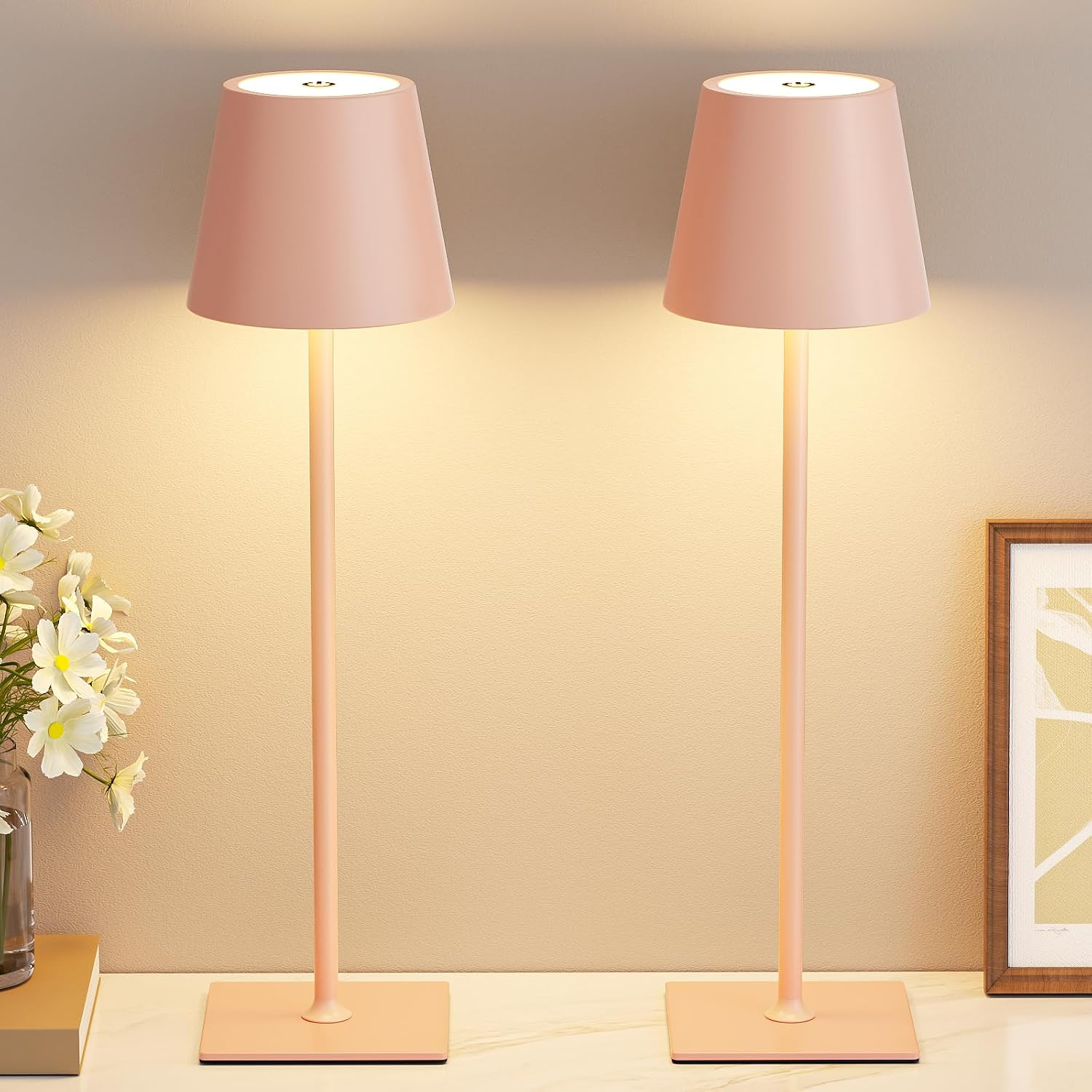 Kakanuo Pink Cordless Rechargeable Table Lamp 5000mAh Battery Operated Lamps, 3 Colors Stepless Dimming Touch Lamp for Living Room…