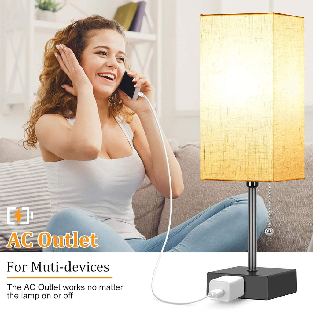 Table Lamp for Bedroom set of 2,3-Color Bedside Lamps with Pull Chain Table Lamps for Nightstand with AC Outlets, Night Light Lamps with 2…