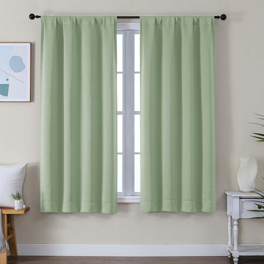 Simplebrand Ava Light Green Blackout Curtains for Bedroom 63 Inch Length 2 Panels Set, Solid Thermal Insulated Energy Saving Rod Pocket Win…