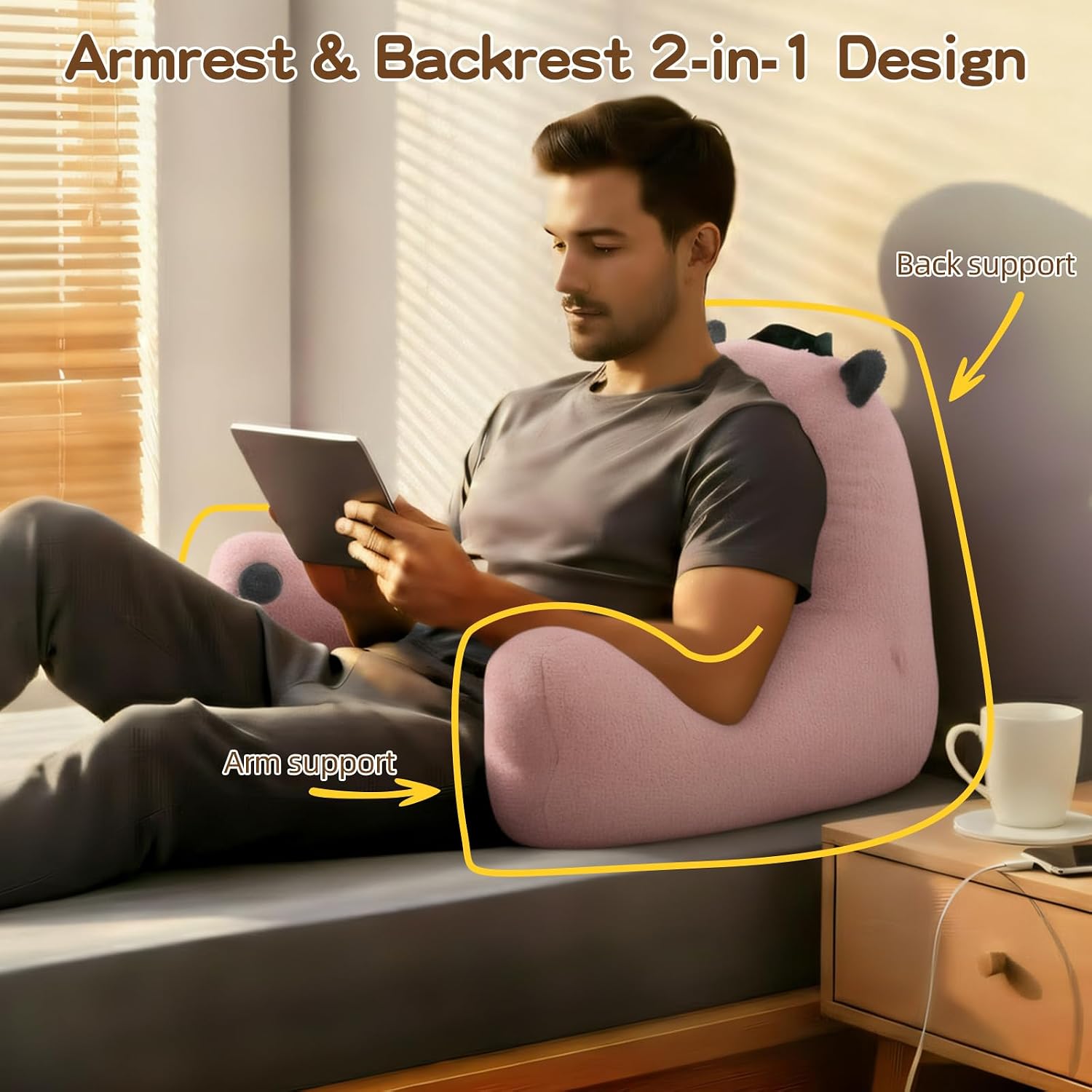 Ajicong Reading Pillow for Sitting in Bed Couch Teens/Adult, Back Rest Pillow for Sitting Up in Bed with Shredded Memory Foam, Includes Arm…