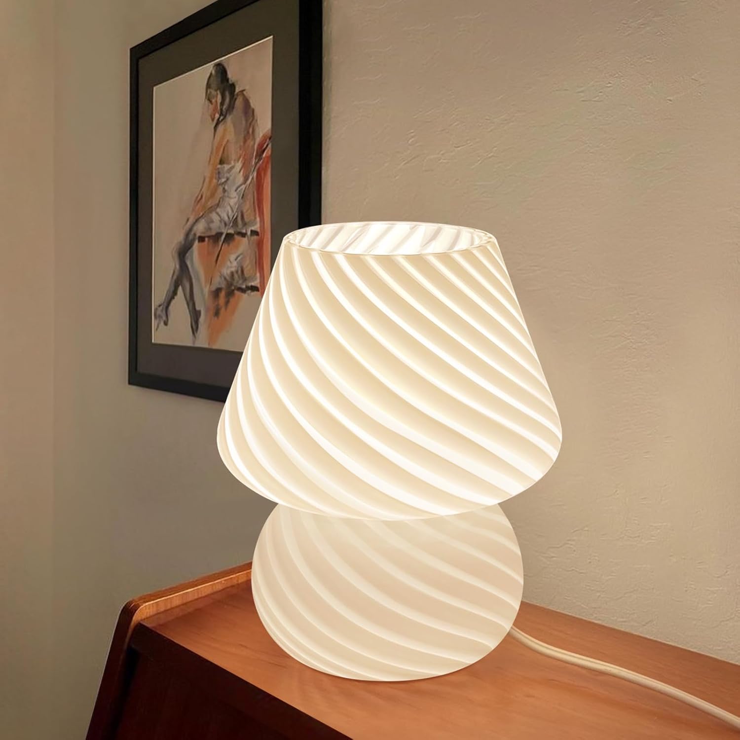 ONEWISH Mushroom Lamp-Small Bedside Table Lamp with Striped Glass, Nightstand Lamp for Bedroom, Living Room, 3000K E26 Bulb Included(White)