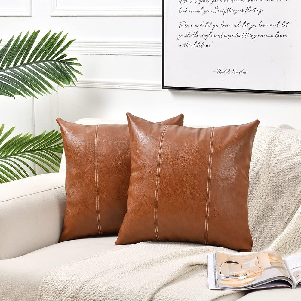 Fancy Homi Hand Stitched Brown Faux Leather Decorative Throw Pillow Covers 18x18 Inch for Living Room Couch Bed Sofa, Accent Square…