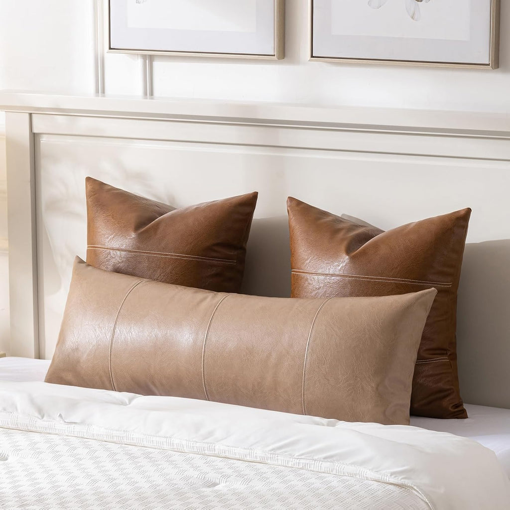 Fancy Homi Tan Long Lumbar Waterproof Faux Leather Body Decorative Throw Pillow Cover 14x36 Inch for Bedroom Couch Bed Bench, Beige Hand…
