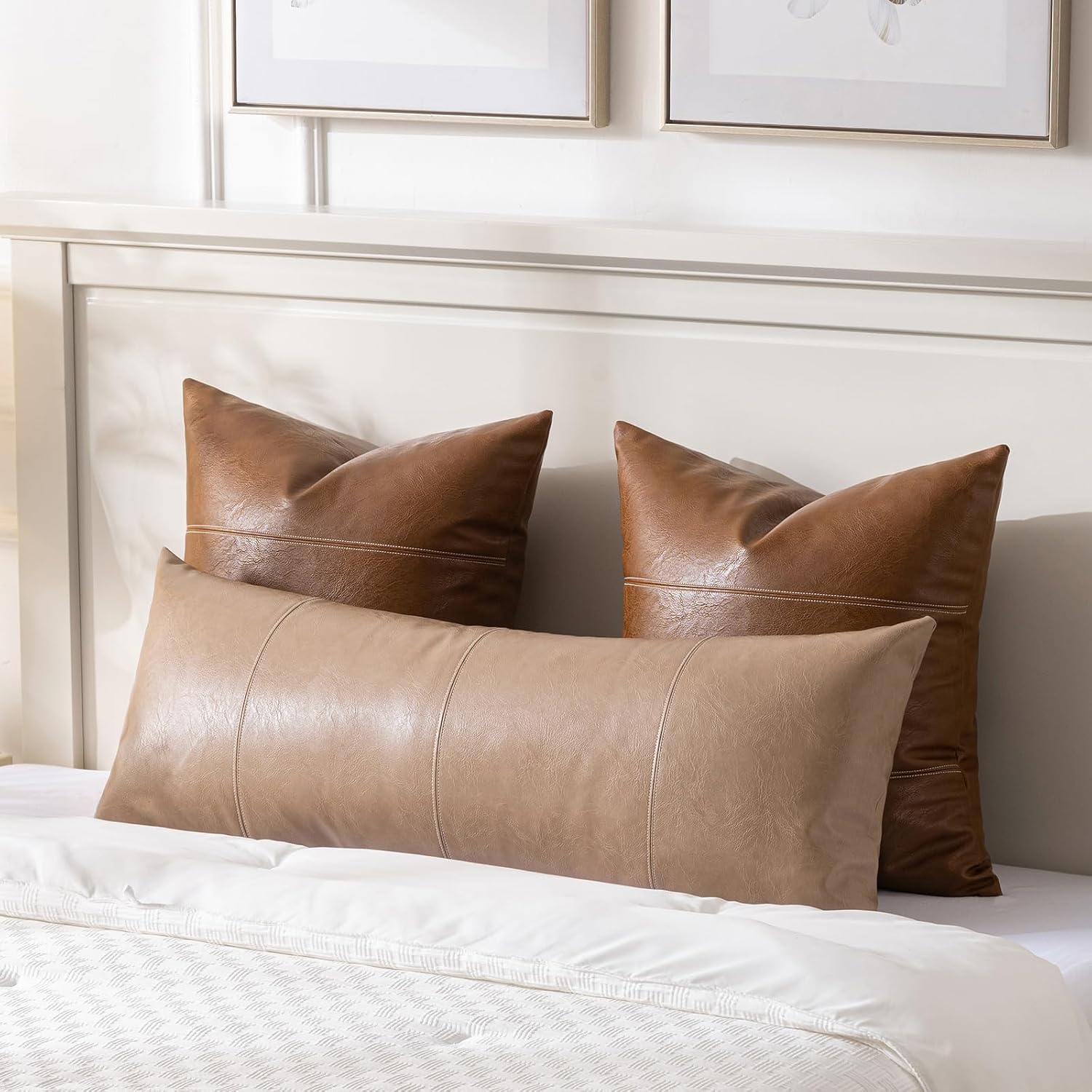 Fancy Homi Tan Long Lumbar Waterproof Faux Leather Body Decorative Throw Pillow Cover 14x36 Inch for Bedroom Couch Bed Bench, Beige Hand…