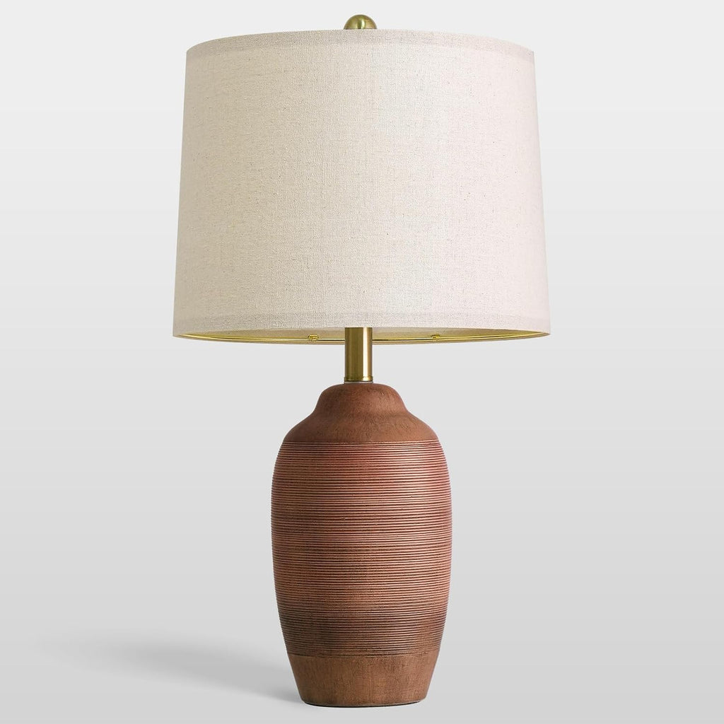 USumkky 24.5" Single Rustic Terracotta Brown Handcrafted Ceramic Table Lamp 5FT Cord, Farmhouse Vintage Lamp with Linen Drum Shade, Bedside…