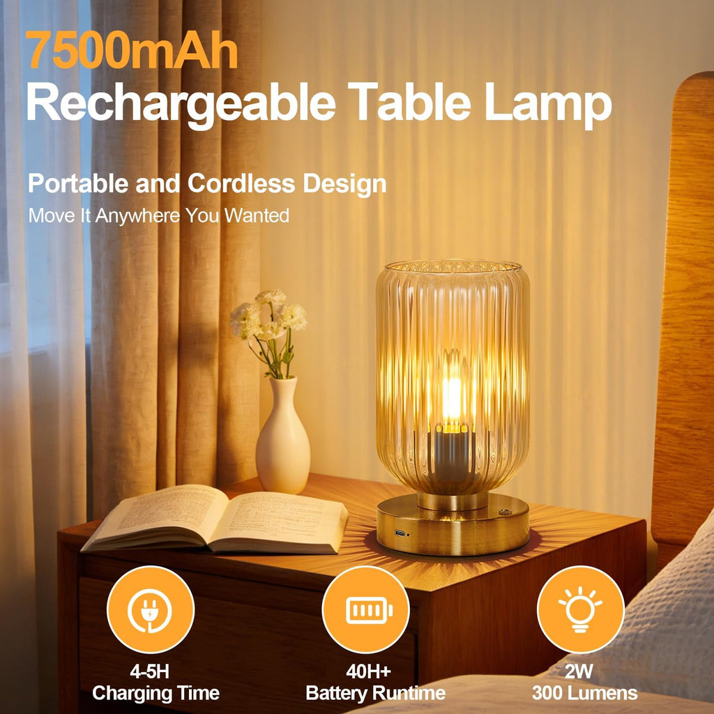 LightRound Table Lamp for Bedroom, Cordless Small Bedside Lamp, Touch Dimmable Rechargeable Lamp Battery Operated with Amber Glass Shades…