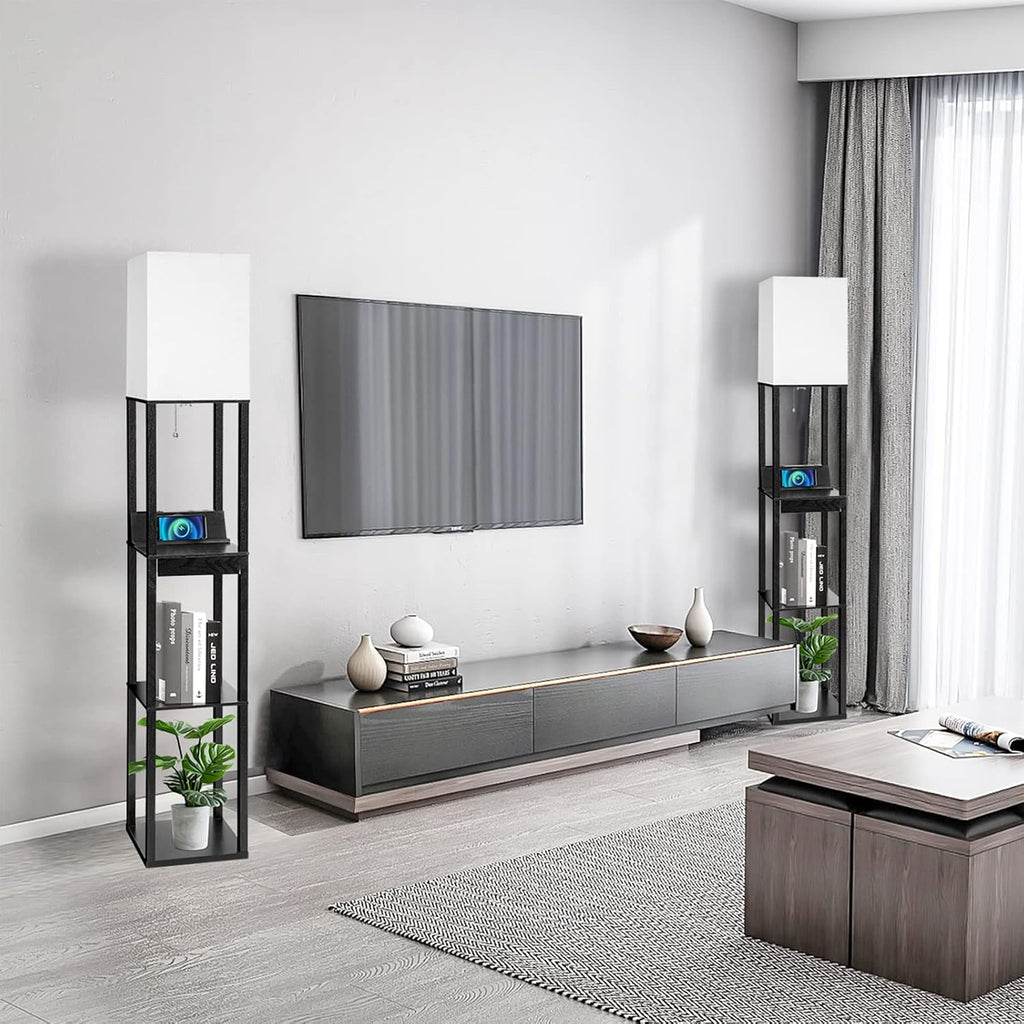 Floor Lamp with Shelves, RUNTOP LED Shelf Floor Lamp with Wireless Charger & 2 Charging USB Ports & Drawer, AC Outlet, 3 Color…