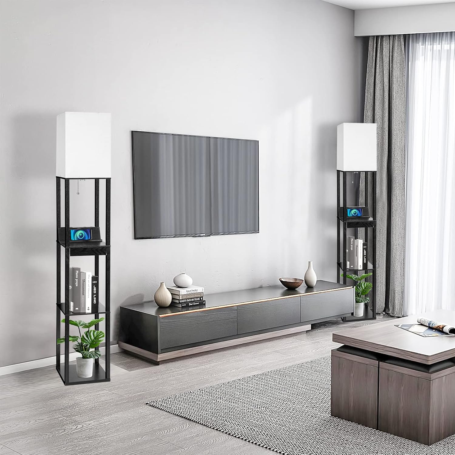 Floor Lamp with Shelves, RUNTOP LED Shelf Floor Lamp with Wireless Charger & 2 Charging USB Ports & Drawer, AC Outlet, 3 Color…