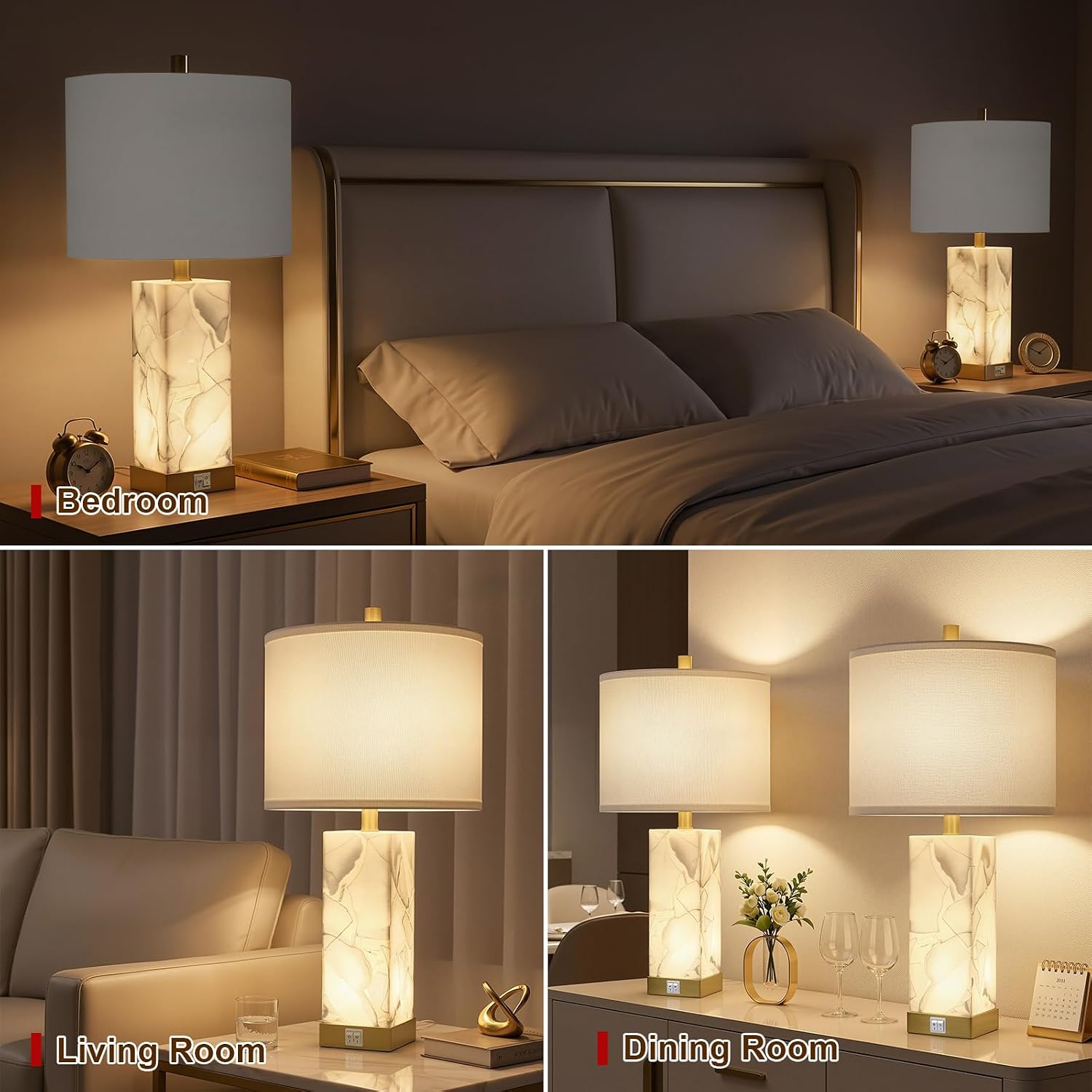 Scenekoy 23" Alabaster Table Lamps Set of 2 for Living Room Bedroom, Bedside Lamps with USB A+C Ports, Modern Table Lamp with Linen Shade…