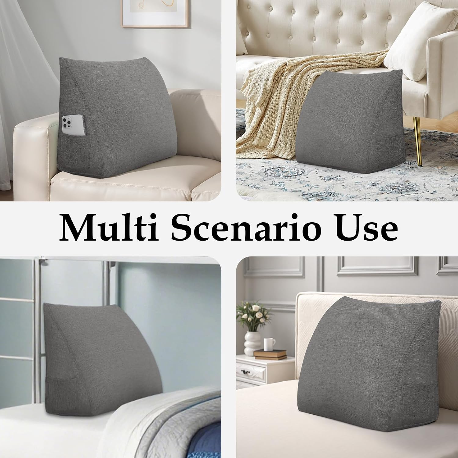 Wedge Headboard Pillow Reading Pillows for Sitting in Bed Adult Backrest Cushion with Removable Cover Side Pockets Sofa Grey Polyester