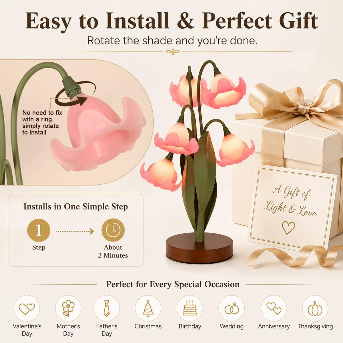 Flower Table Lamp for Bedroom, Cute Reading Light with 5 Pink Magnolia Flower of The Valley, Desk Lamp Bedside Lamps for Nightstands Home…