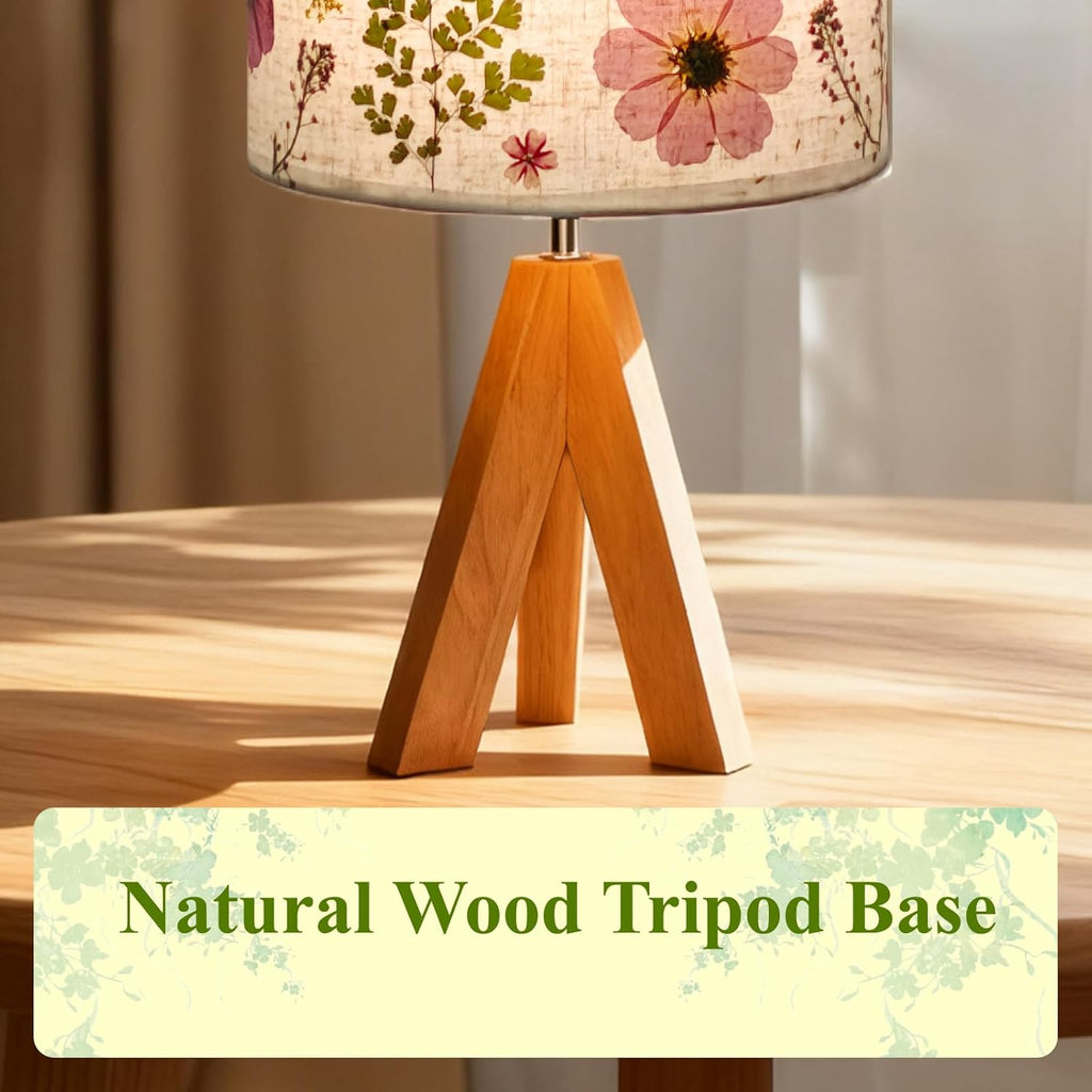 Dried Flowers Tripod Table Lamp 14.96in, 9W LED 3-Color Cute Bedside Lamp with Flowers Linen Lampshade for Nursery, Bedroom, Kid Room…