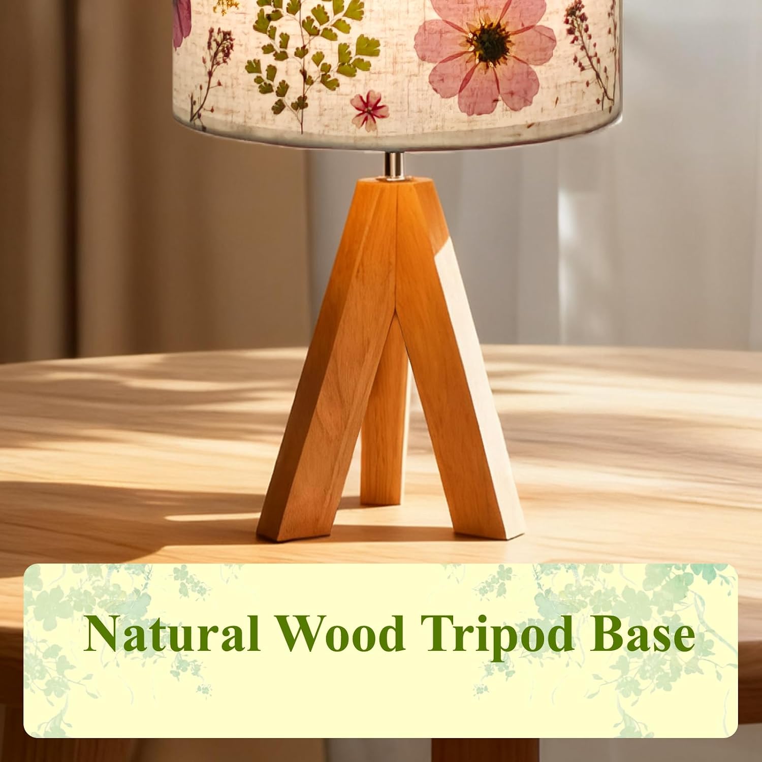 Dried Flowers Tripod Table Lamp 14.96in, 9W LED Dimmable Cute Bedside Lamp with Flowers Linen Lampshade for Nursery, Bedroom, Kid Room…