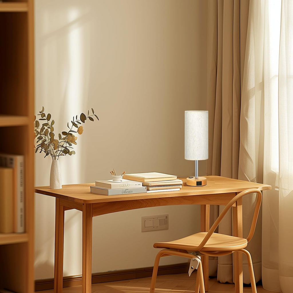 Fenmzee Small Touch Table Lamps Set of 2-3-Way Dimmable, USB A + C Charging, AC Outlet, Wood Grain Base, Bulbs Included