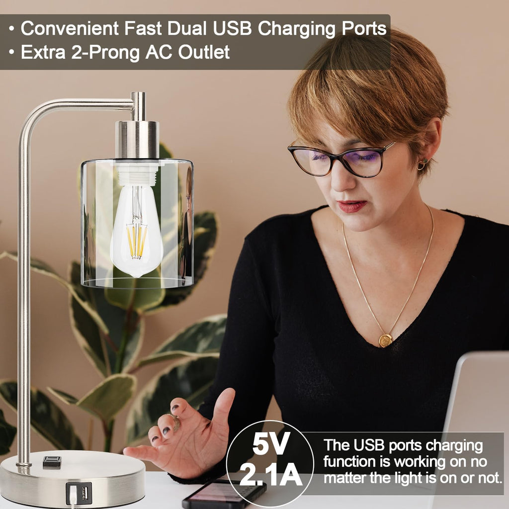 Industrial Touch Control Table Lamps Set of 2 - Brushed Nickel Nightstand Bedside Lamps with 2 USB Ports & AC Outlet, 3-Way Dimmable Desk…
