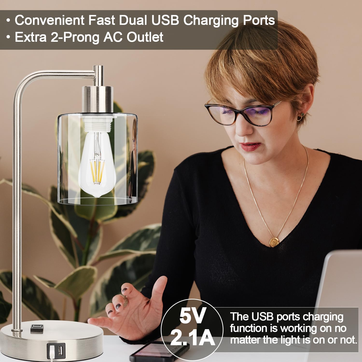 Industrial Touch Control Table Lamps Set of 2 - Brushed Nickel Nightstand Bedside Lamps with 2 USB Ports & AC Outlet, 3-Way Dimmable Desk…