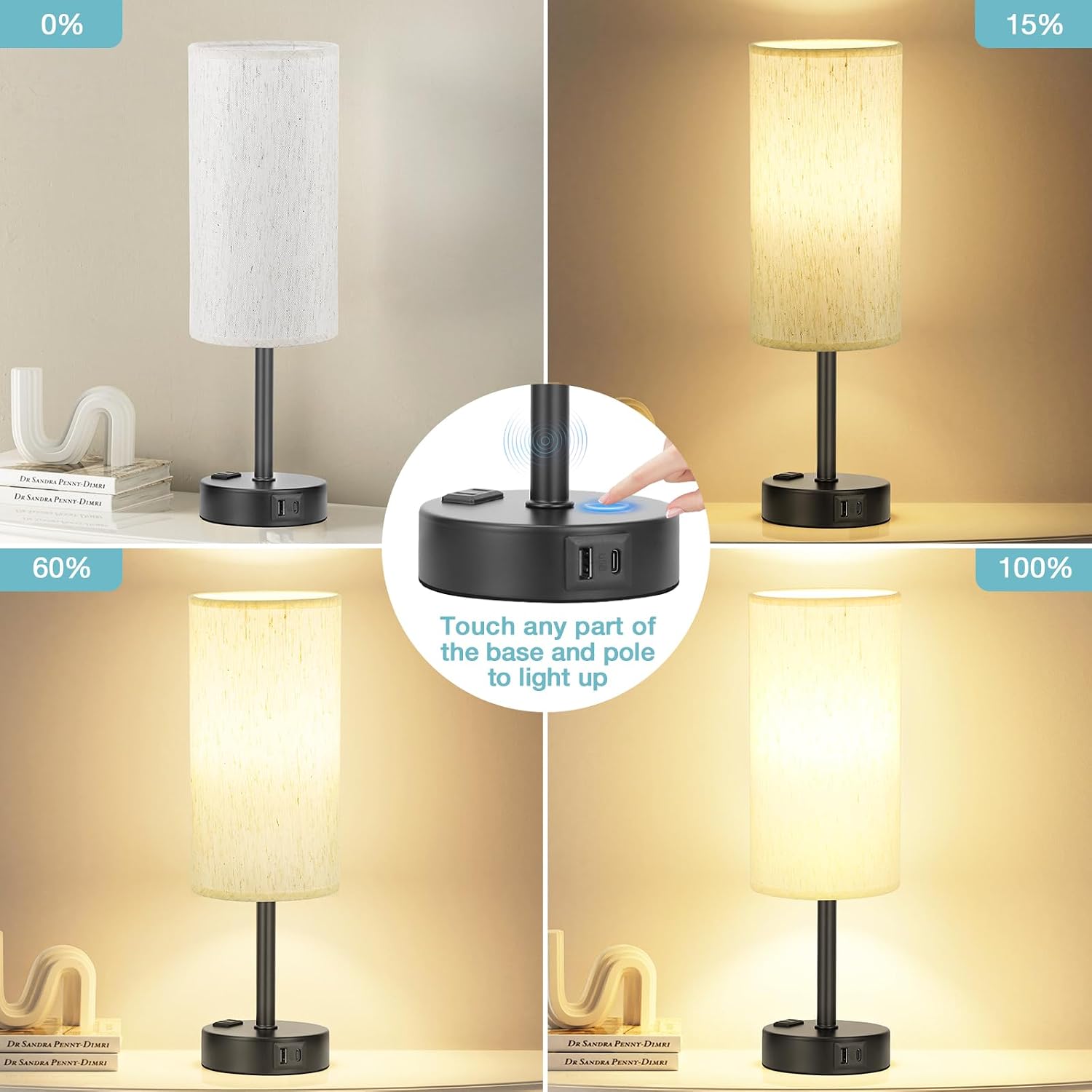 Light Beige Table Lamp for Nightstand - 3 Way Dimmable Bedside Lamp for Bedroom with USB C A Charging Ports and AC Outlet, Small Desk…