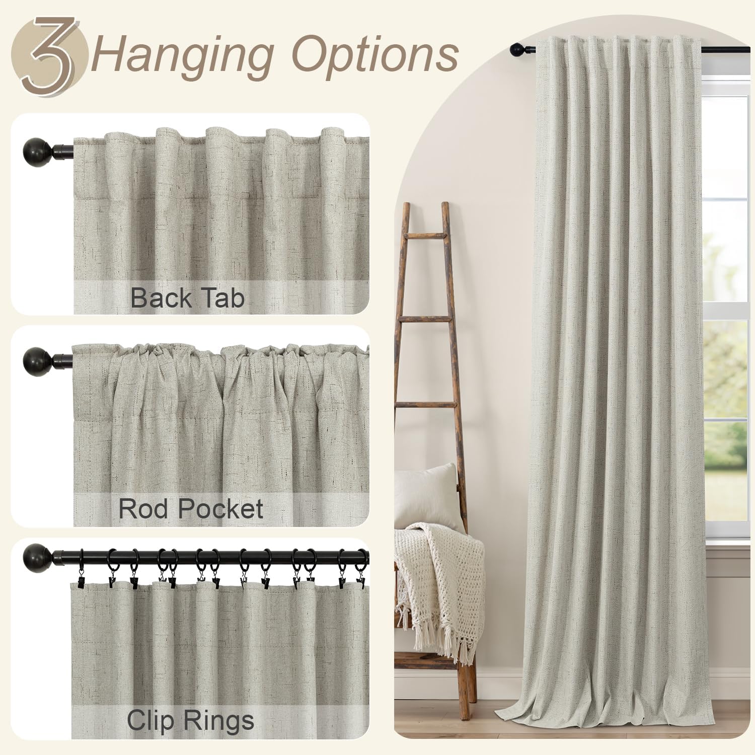 Pitalk Linen Blackout Curtains 84 Inch Length 2 Panels Set for Living Room Bedroom Back Tab Thermal Insulated 100% Black Out Linen Drapes R…