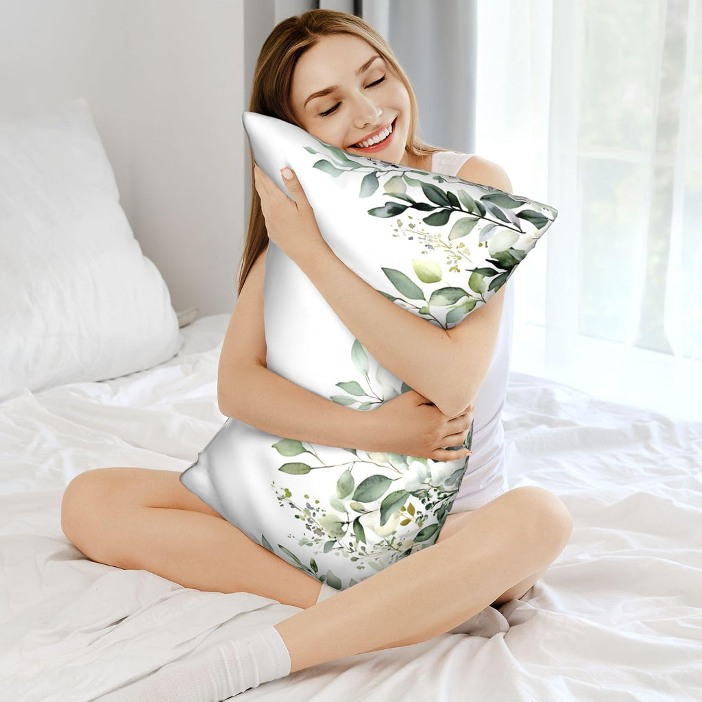 Imitation Silk Pillowcase for Hair and Skin Floral Watercolor Green Branches 1 Pack Satin Queen Pillowcase with Hidden Zipper Cooling…