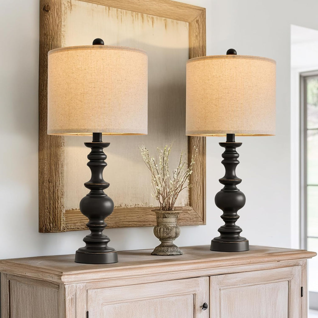 BOBOMOMO 24" Traditional Farmhouse Table Lamp Set of 2, Vintage Resin Lamps for Living Room Bedroom, Rustic Nightstand Lamp with Linen…