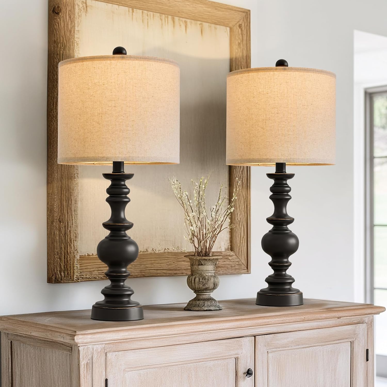 BOBOMOMO 24" Traditional Farmhouse Table Lamp Set of 2, Vintage Resin Lamps for Living Room Bedroom, Rustic Nightstand Lamp with Linen…