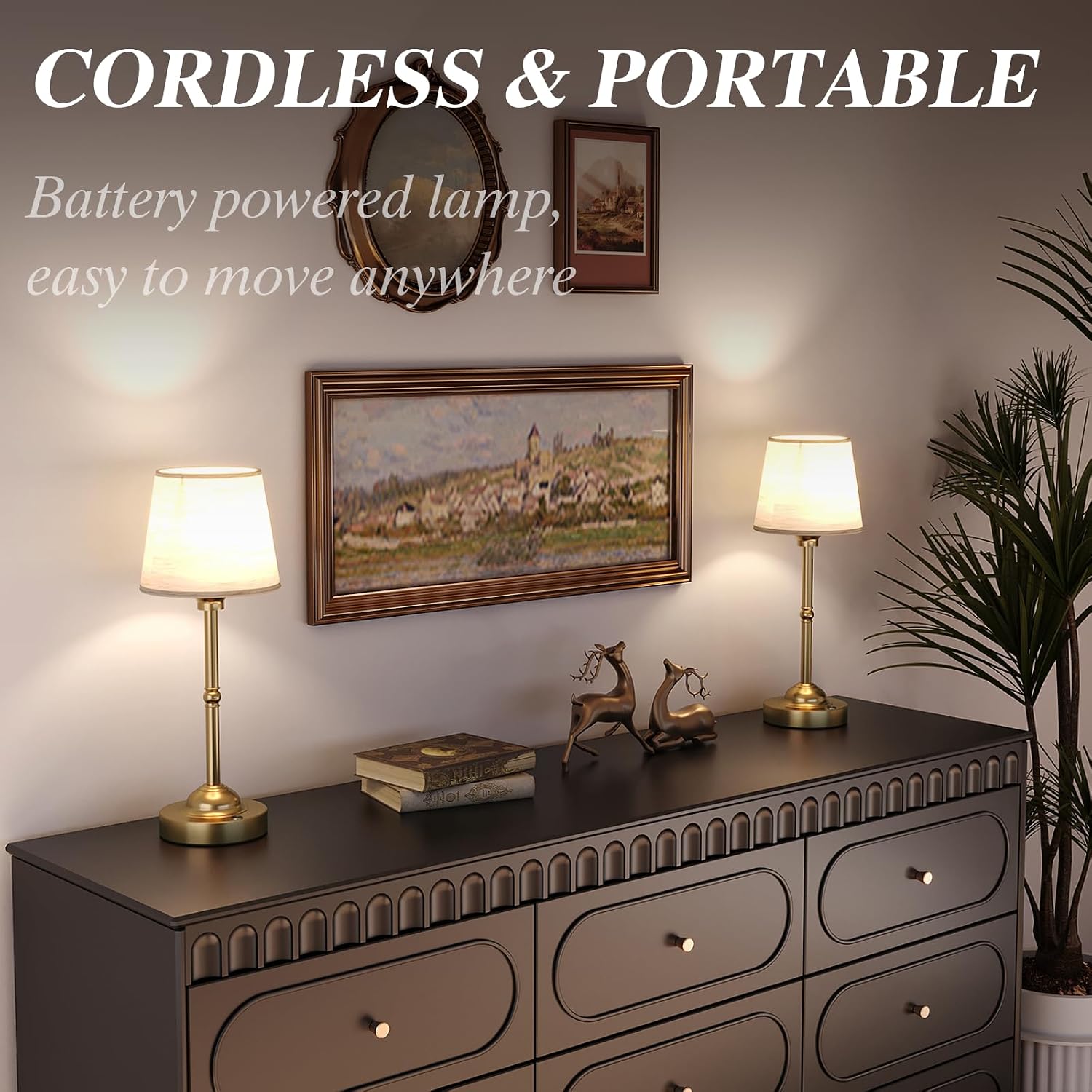 CHLORANTHUS 2 Pack Cordless Table Lamps, 3 Colors Stepless Dimming Fabric Desk Lamp, 6000mAh Rechargeable Battery LED Desk Lamp, Touch…