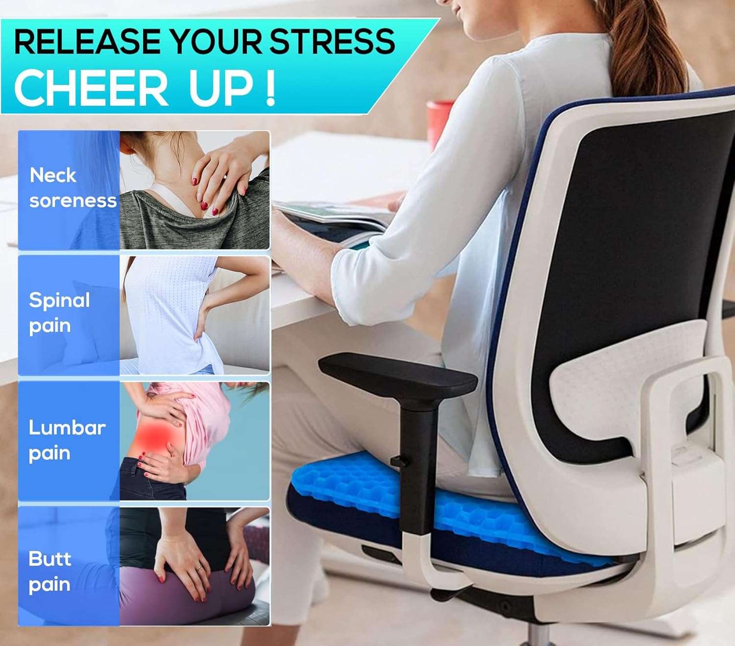 Helishy Gel Seat Cushion for Long Sitting - 1.65inch Double Thick Cooling Egg Cushion for Back, Hip, Sciatica, Coccyx, Tailbone - Office Ch…