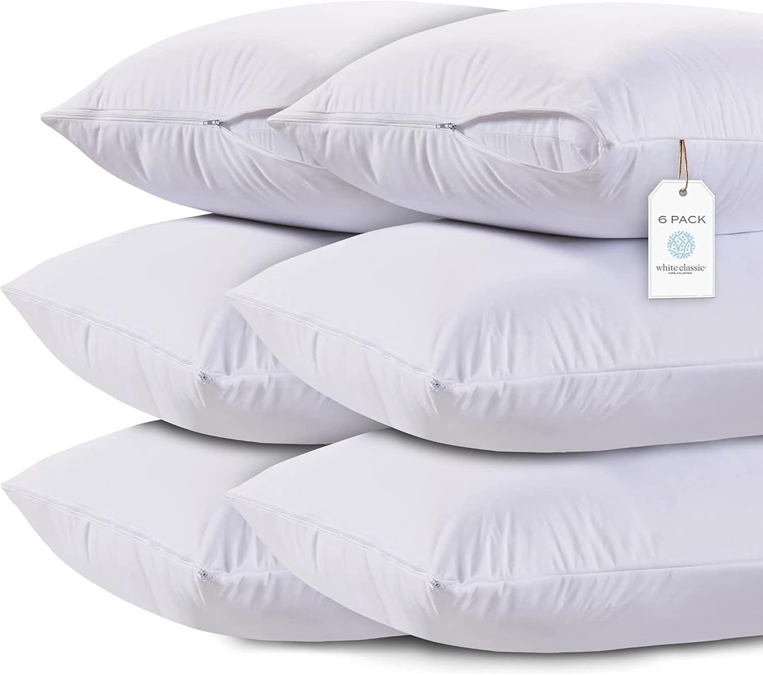 WhiteClassic White Classic King Pillow Covers with Zipper 6 Pack - 20 x 36 Ultra-Soft, Cozy and Noiseless King Pillow Protector, 200 Thread…