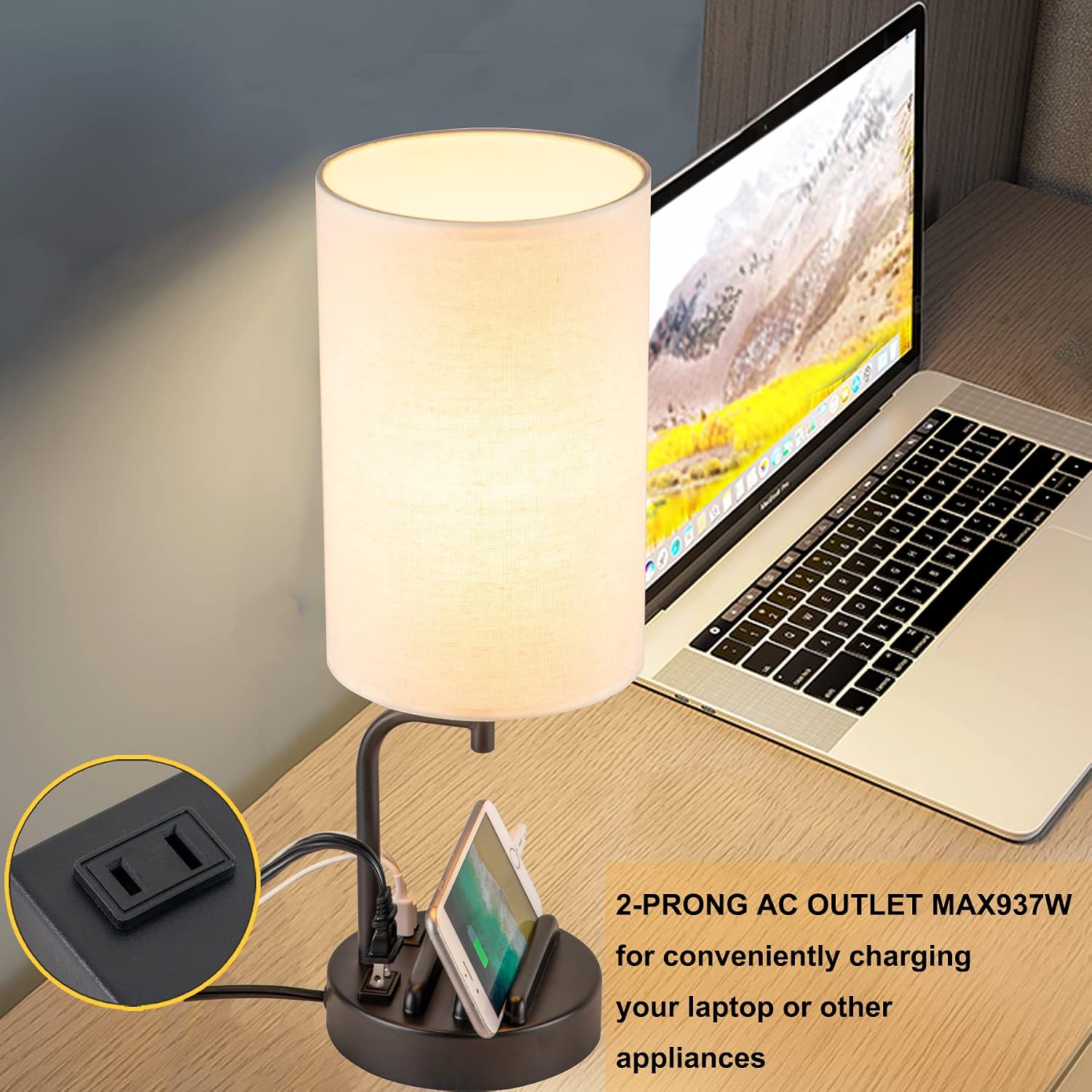 Dreamholder Touch Control USB Table Lamp, Upgraded 3-Way Dimmable Bedside Desk Lamp with USB C & A Charging Ports and AC Outlet…