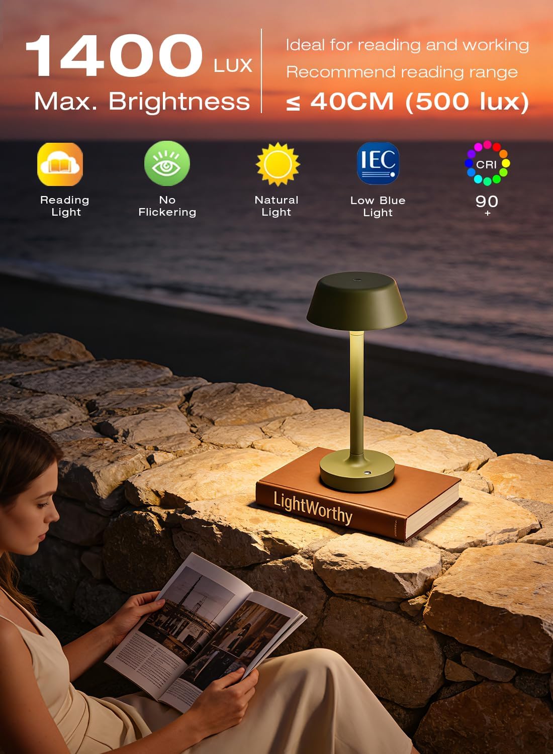 Cordless Rechargeable Table Lamp with Power Charger, Portable LED Desk Lamp,5000mAh Battery Operated,2700K-5700K Tunable, Stepless Dimming…
