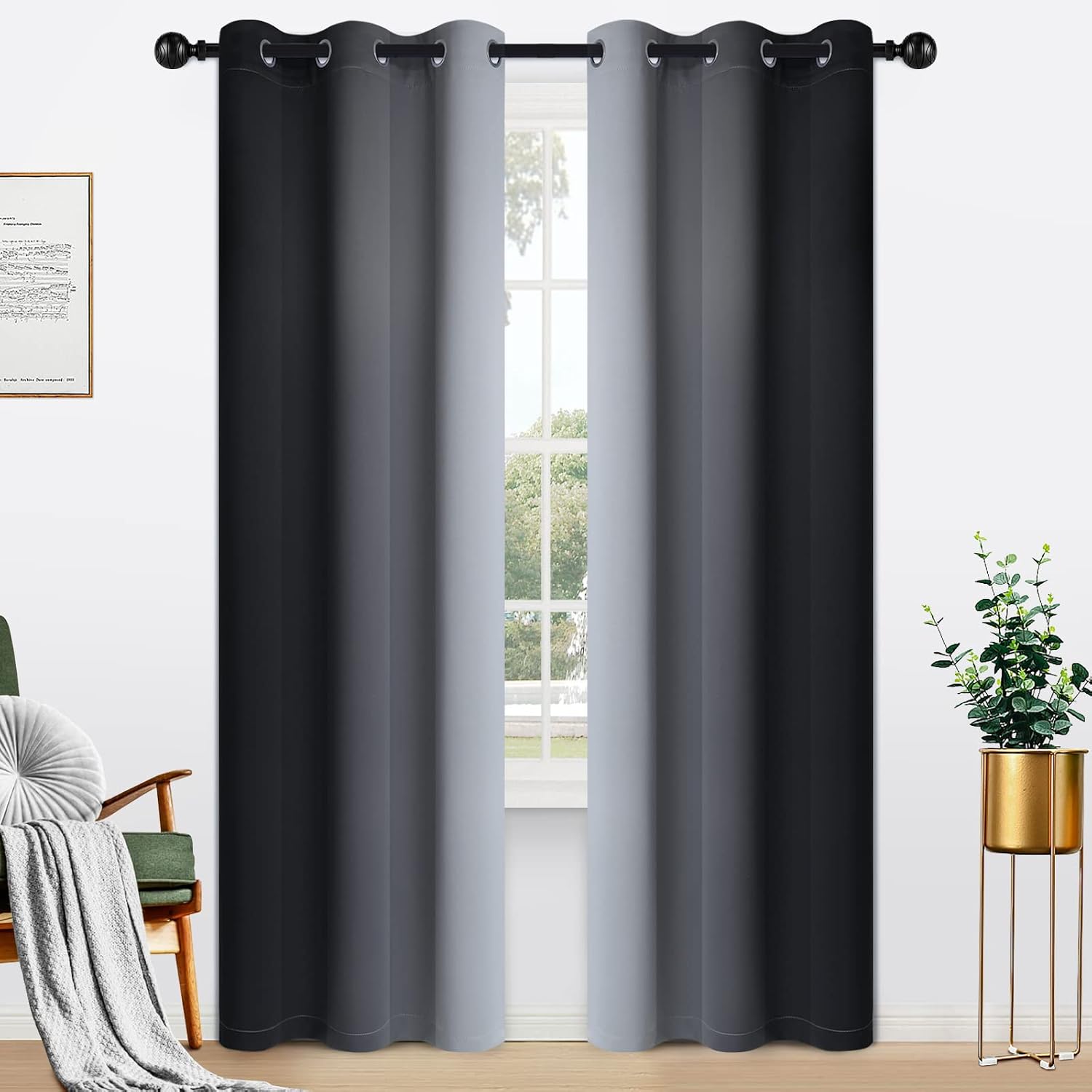 Yakamok Light Blocking Ombre Curtains, Greyish White and Black Gradient Color Curtains, Room Darkening Grommet Window Drapes for Bedroom(Bl…