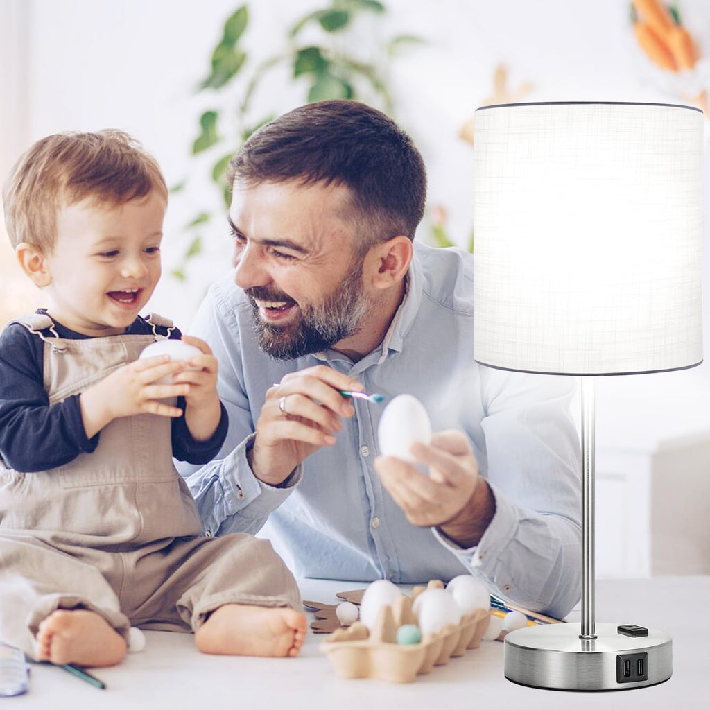 Lynnoland Set of 2 Touch White Table Lamps with 2 USB Ports & AC Outlet, 3-Way Dimmable Bedside Nightstand Lamps for Bedroom Living Room…