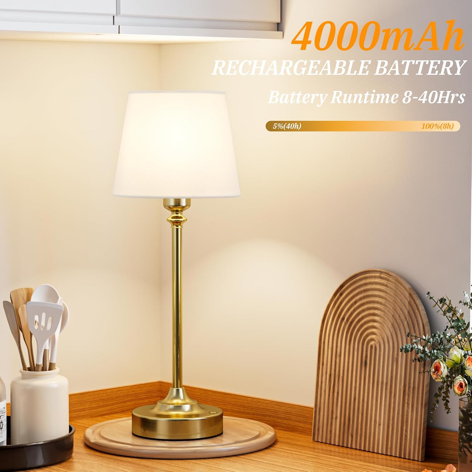 Kakanuo Cordless Table Lamps Rechargeable Set - 2 Pack Gold 4000mAH Battery Operated Lamps for Decor, 3000K Stepless Dimming Touch…