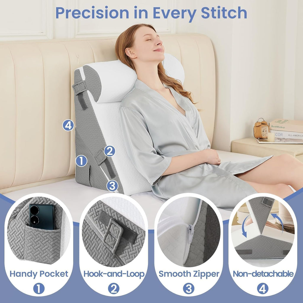 Sasttie Wedge Pillow Set for After Surgery, 2PCS Adjustable Bed Wedge Pillow Headboard with Memory Foam Neck Cushion – for Acid Reflux, Sle…