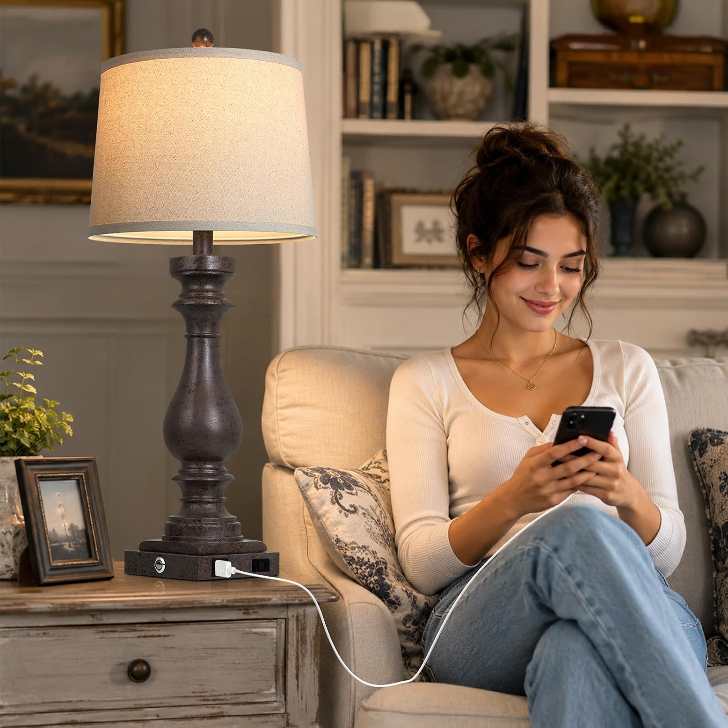 Cinkeda 29" Tall Farmhouse Table Lamp for Living Room Set of 2, Vintage Retro Nightstand Lamps with USB C+A Ports & AC Outlet,3-Way…