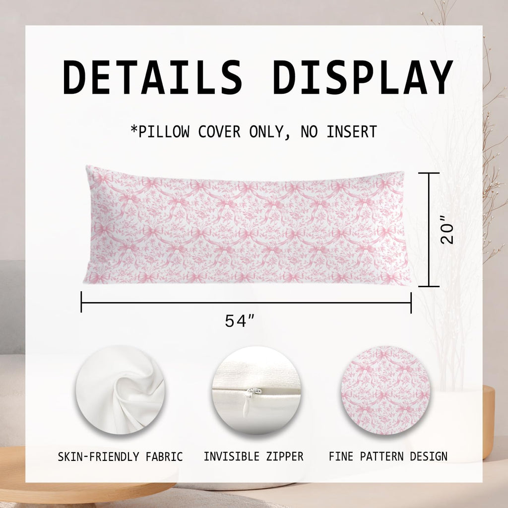 Coquette Pink Bow Chinoiserie Floral 20x54 Body Pillow Cover, Grandmillennial Home Decor, Cottagecore Preppy Pink Flower Decorative Long…