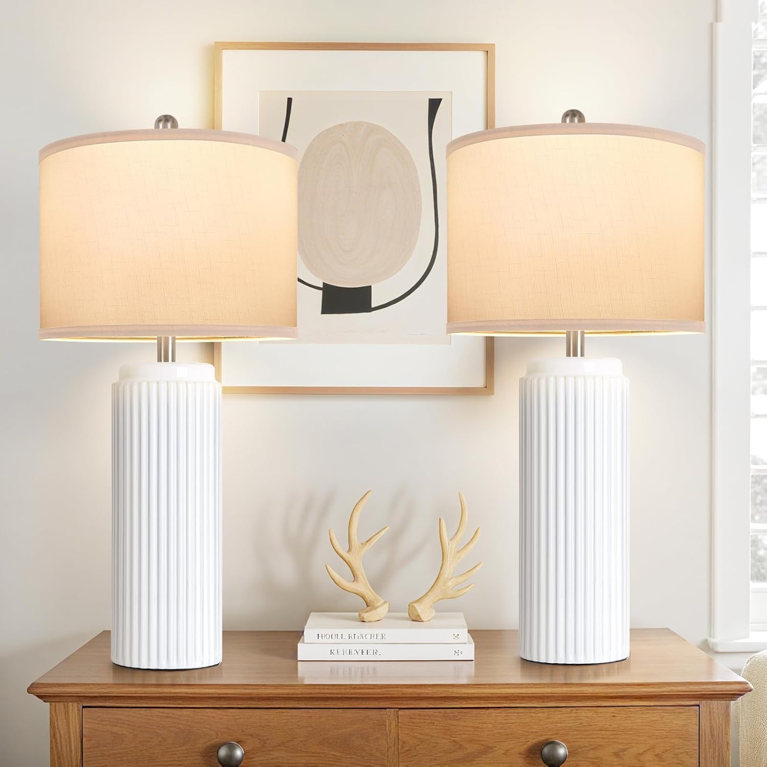 Tobusa 28’’ Modern White Ceramic Lamps Set of 2 for Living Room, Vintage Nightstand Lamps for Bedroom, Farmhouse Bedside Lamps with Linen S…