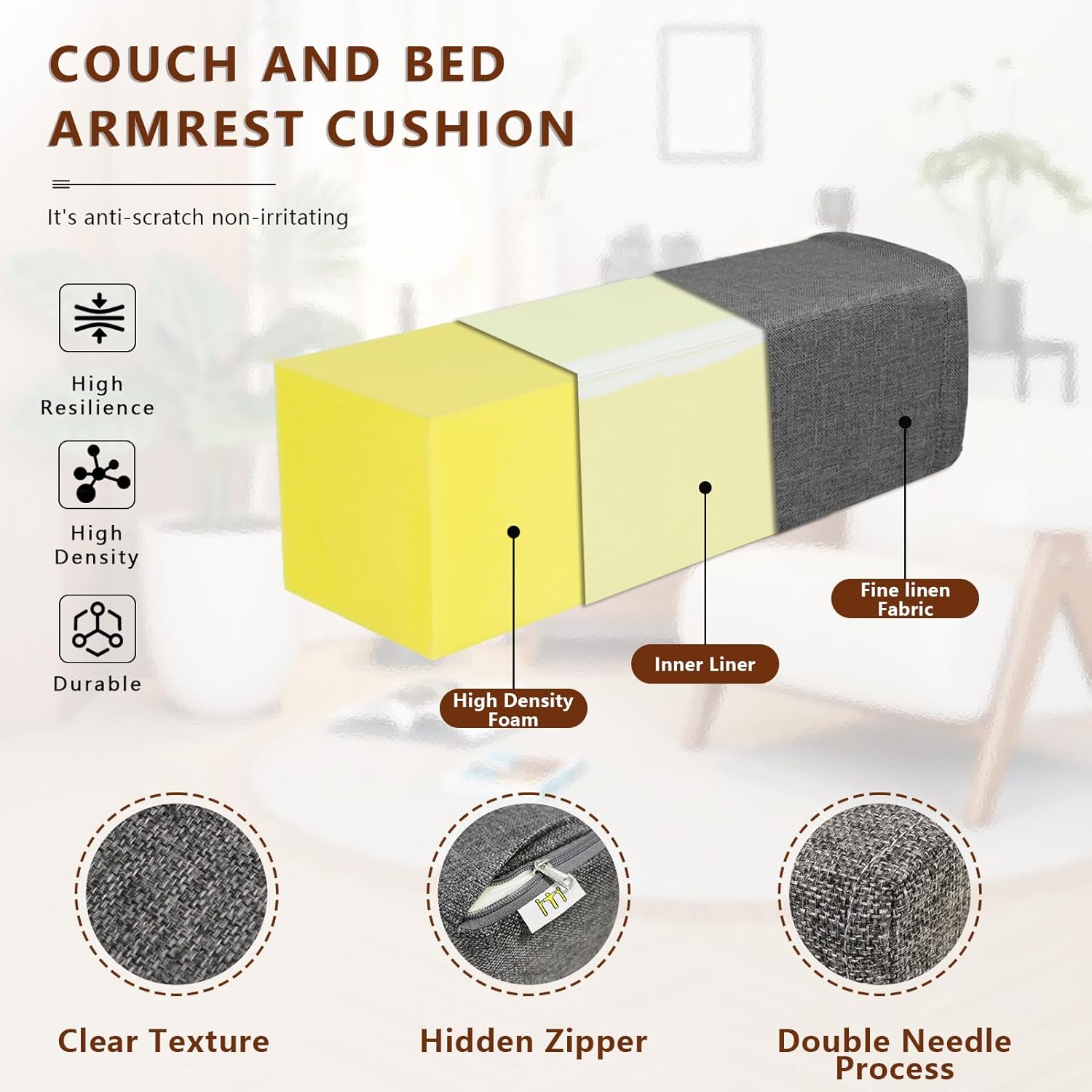 MMuteTouch 2 Pack Couch Arm Rest Pillow, 6''x6''x20'' Linen Cover, High Density Foam Armrest Cushion, Removable & Washable Elbow Support fo…
