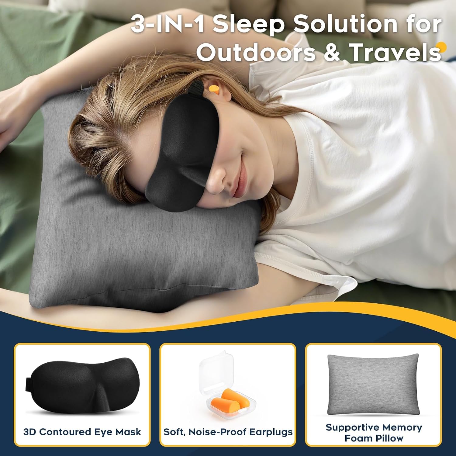 CushyOasis All-in-1 Camping Pillow Set - Shredded Memory Foam Neck Pillow Travel Pillow with Eye Mask, Earplugs, Washable Cover, Compact…