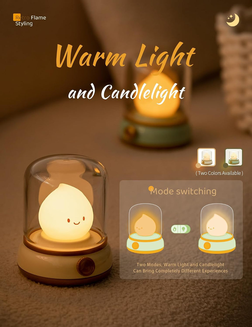 WANIDEA Cute Chibi Flame Lamp, Anime Cozy Lights, Retro Rechargeable Night Light, Decor, Cute Desk Accessories, Gifts 2 Pack (Yellow and…