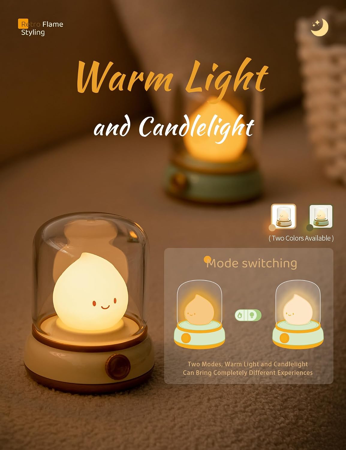 WANIDEA Cute Chibi Flame Lamp, Anime Cozy Lights, Retro Rechargeable Night Light, Decor, Cute Desk Accessories, Gifts 2 Pack (Yellow and…