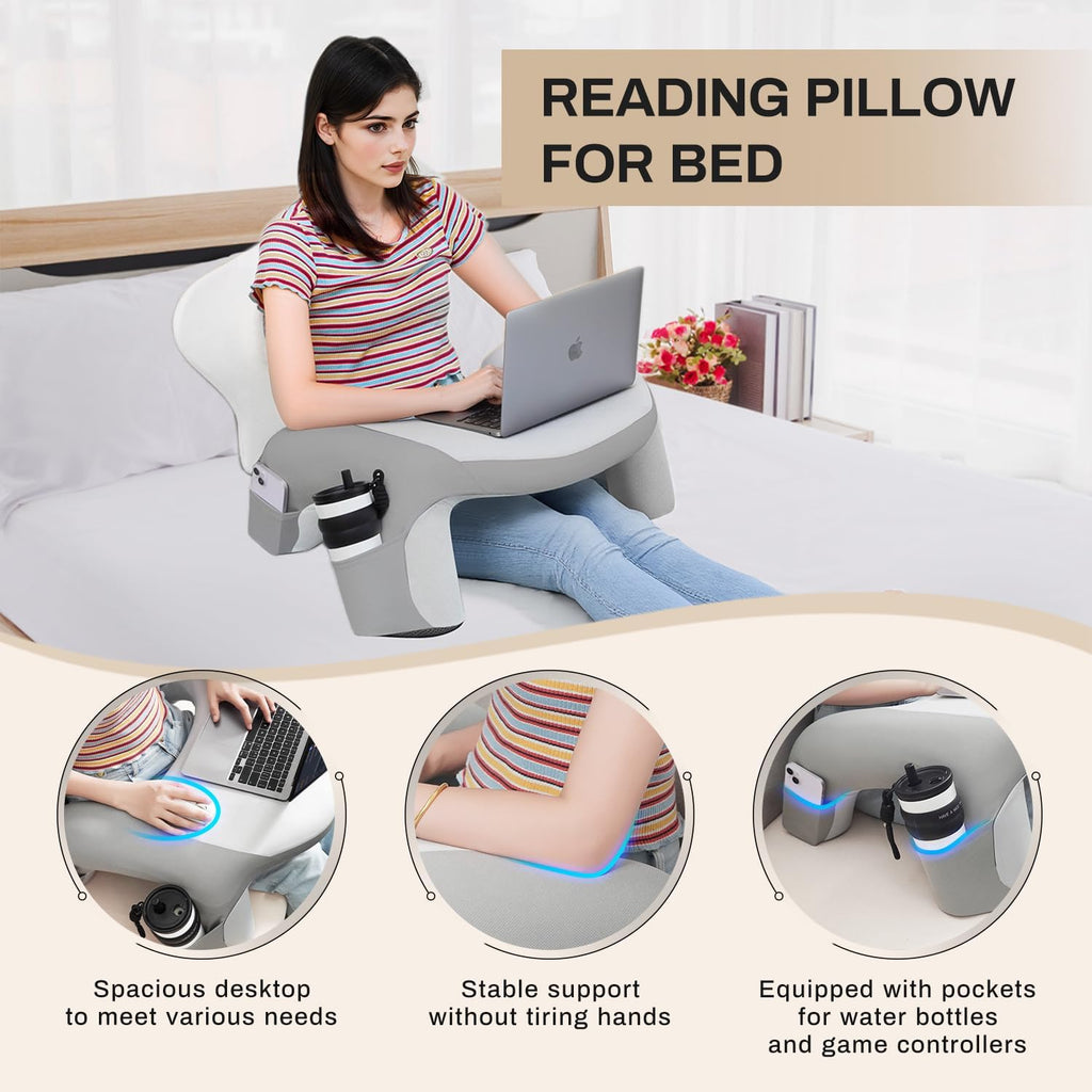 Wogahev Reading Pillow for Bed, Lap Desk for Laptop, Memory Foam Arm Rest Support Gaming Pillow with Cup/Phone Pocket, Laptop Lap Desk for…
