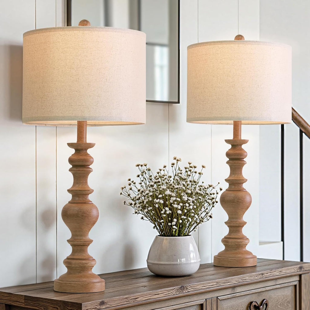 BOBOMOMO 27" Light Brown Table Lamps Set of 2, Large Farmhouse Resin Lamps with Linen Shades, Rustic Vintage Lamps for Living Room…