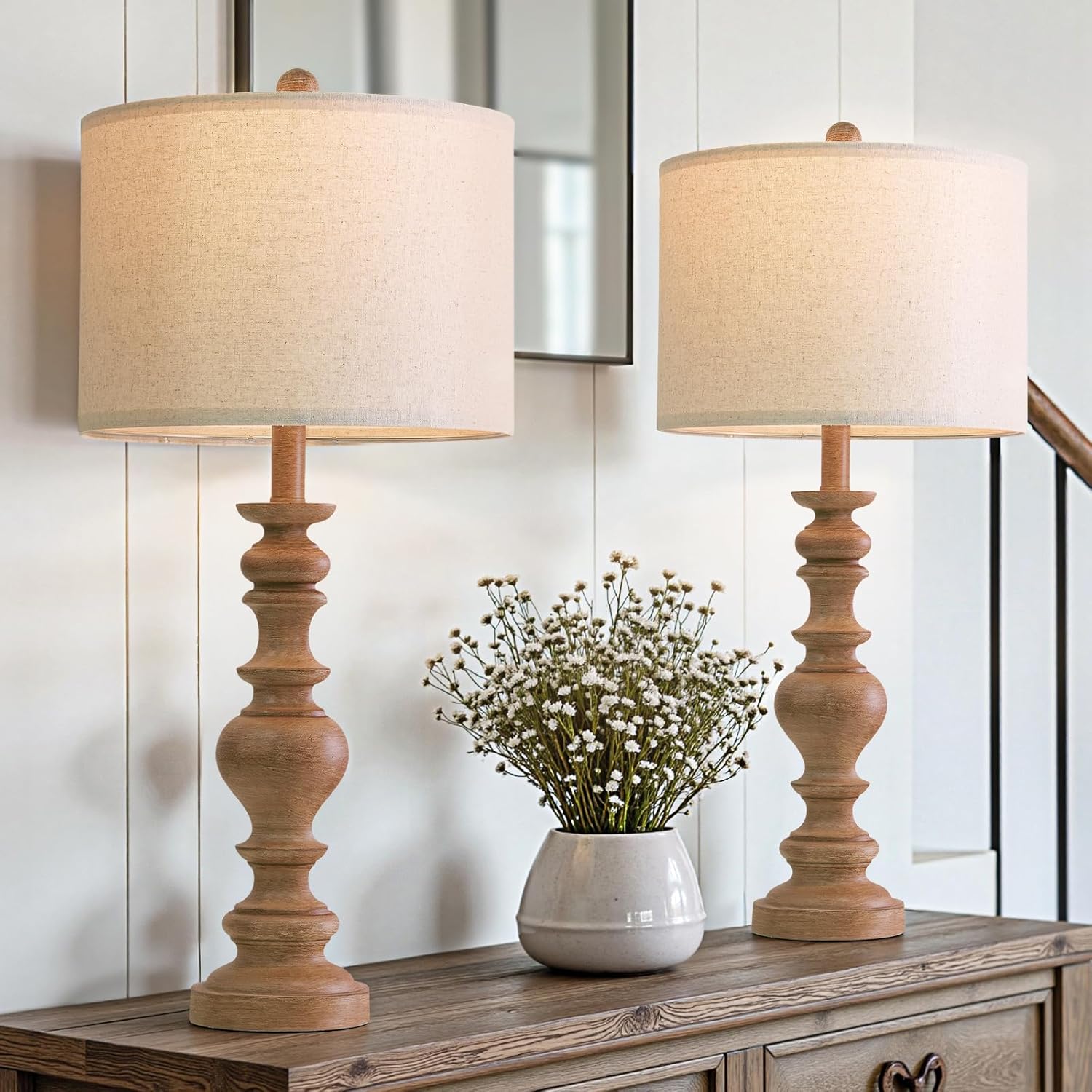 BOBOMOMO 27" Light Brown Table Lamps Set of 2, Large Farmhouse Resin Lamps with Linen Shades, Rustic Vintage Lamps for Living Room…